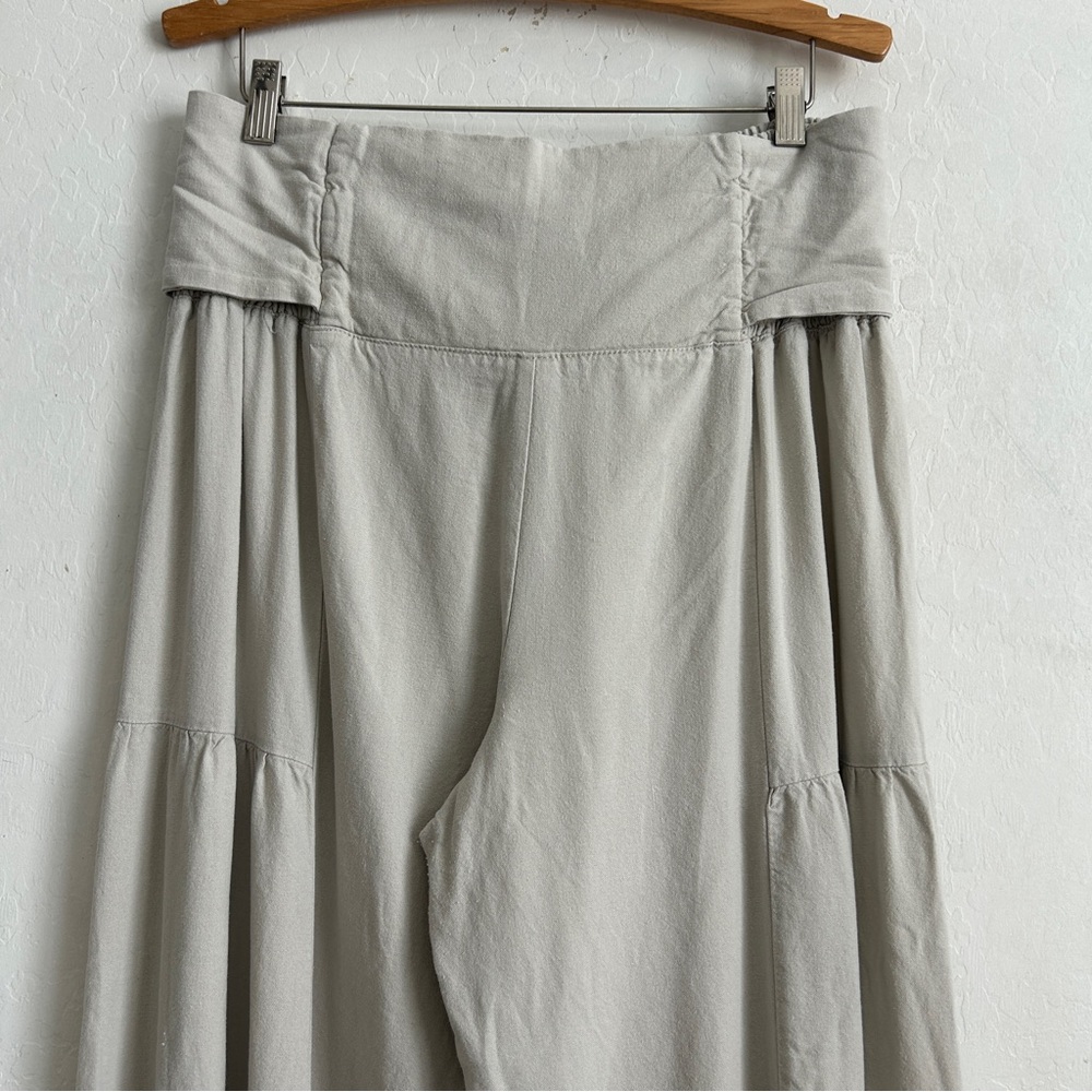 Happily Grey Pants XL Wide Leg Palazzo Tiered Tie Waist Linen Blend Oatmeal - Picture 4 of 11